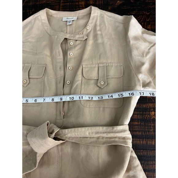 Faconnable Dress Womens XS Beige Belted Utility Shirt Linen Blend Pockets Safari - Picture 4 of 6